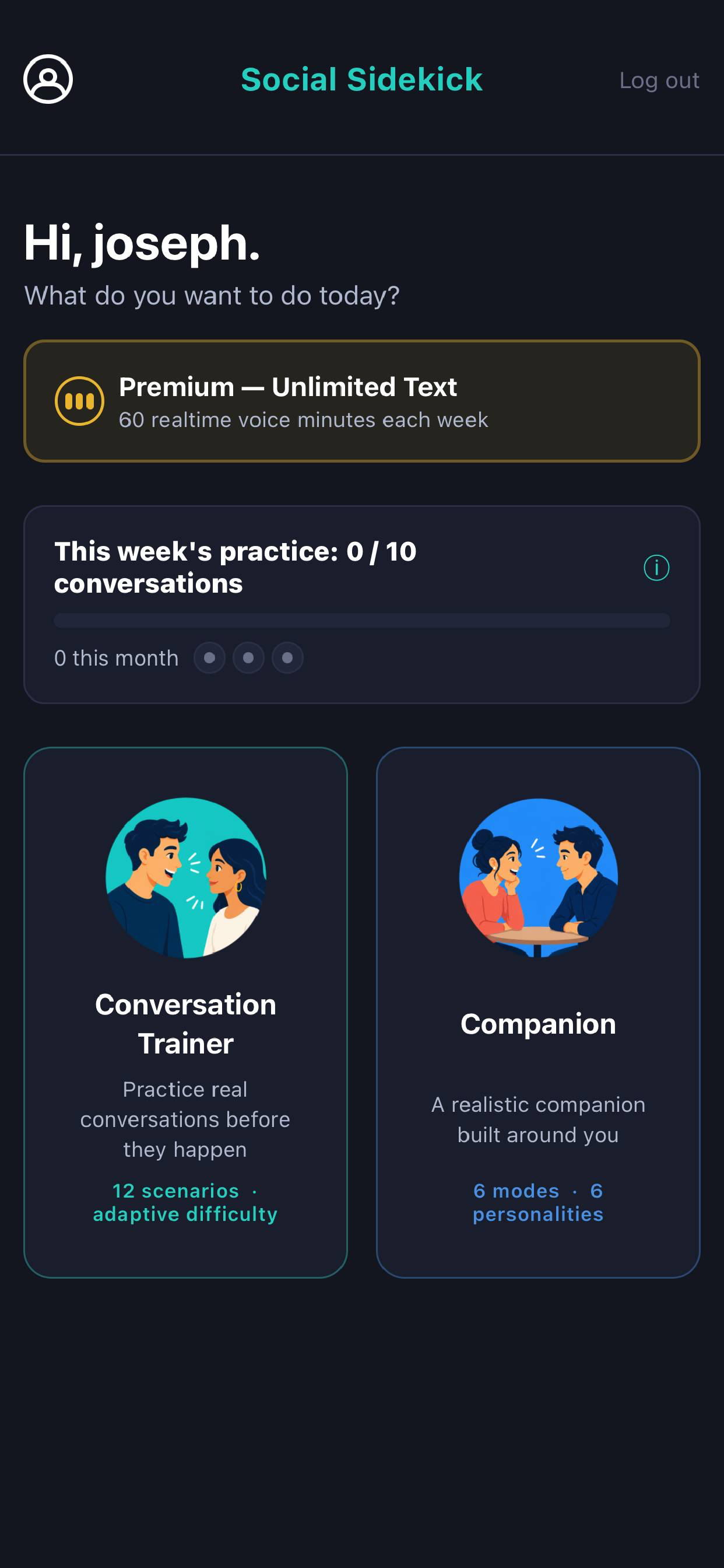 Social Sidekick home screen showing conversation trainer and companion options